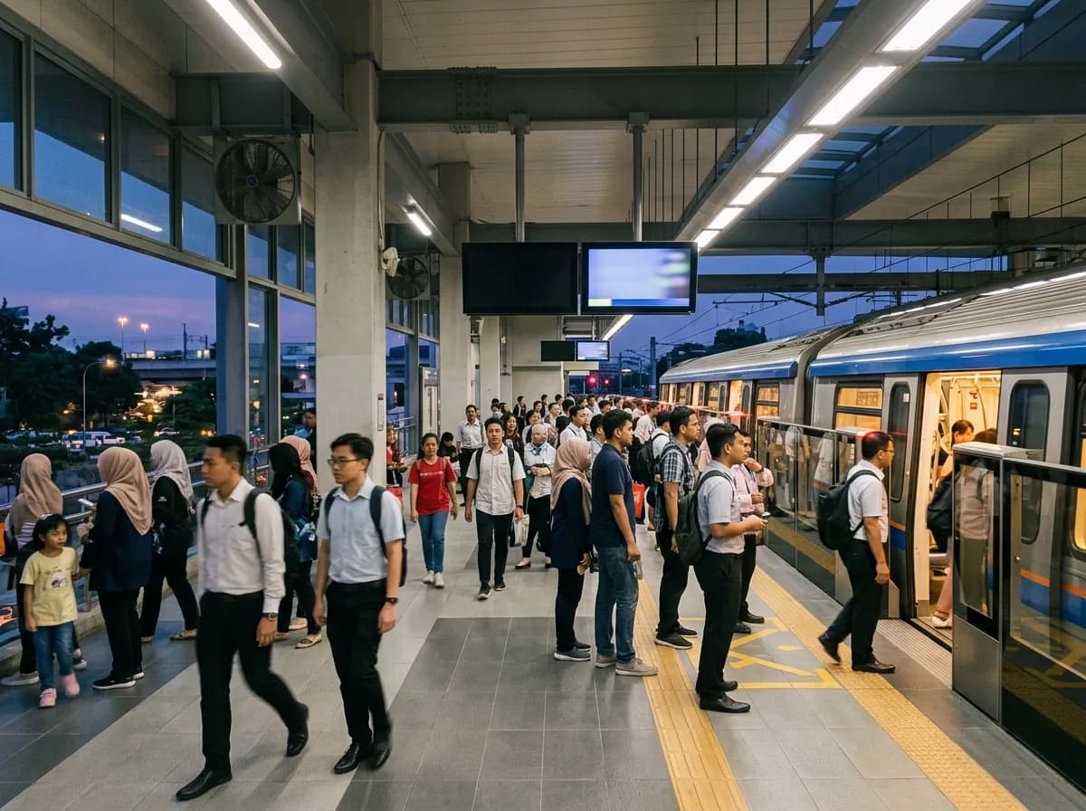 Crowded modern train platform with commuters boarding at a major Malaysian transit hub.