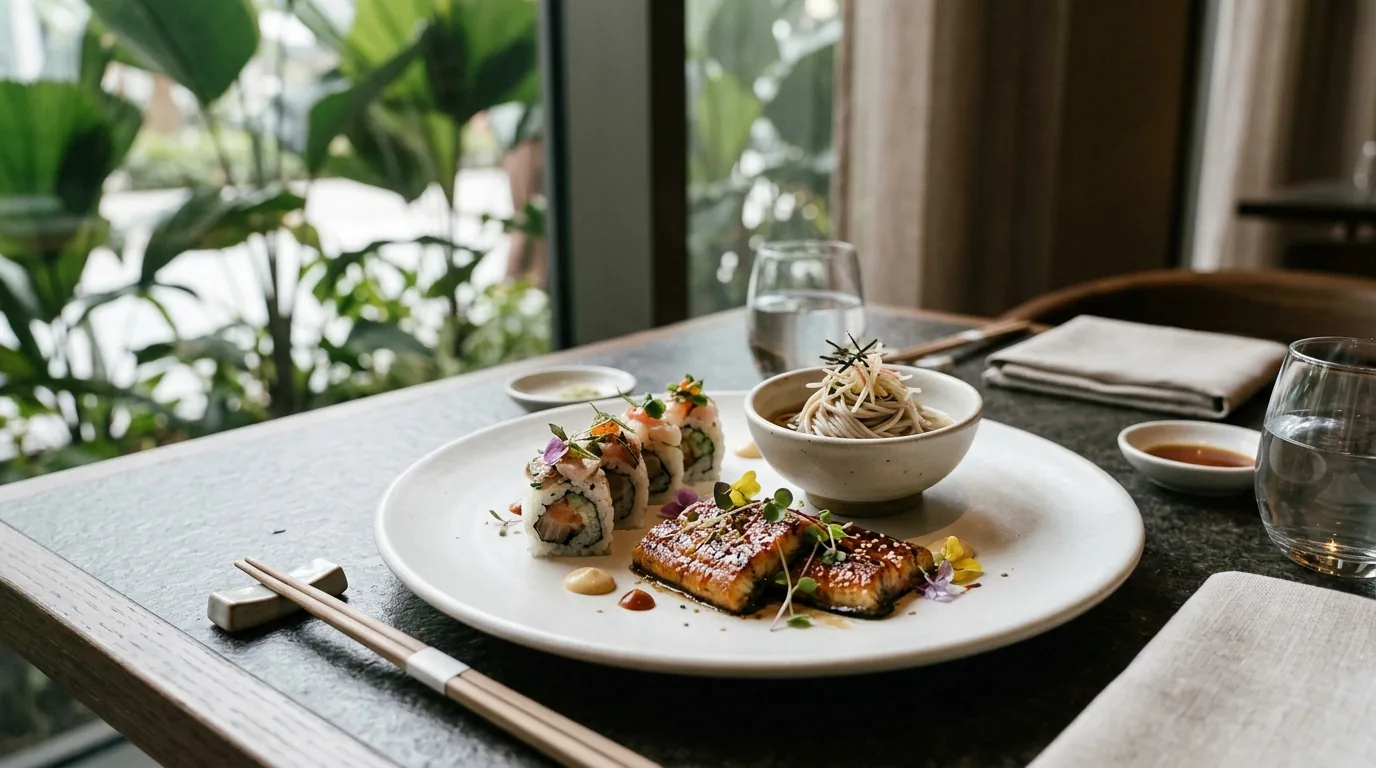 Plated international cuisine with sushi, grilled eel, and noodles in a modern restaurant