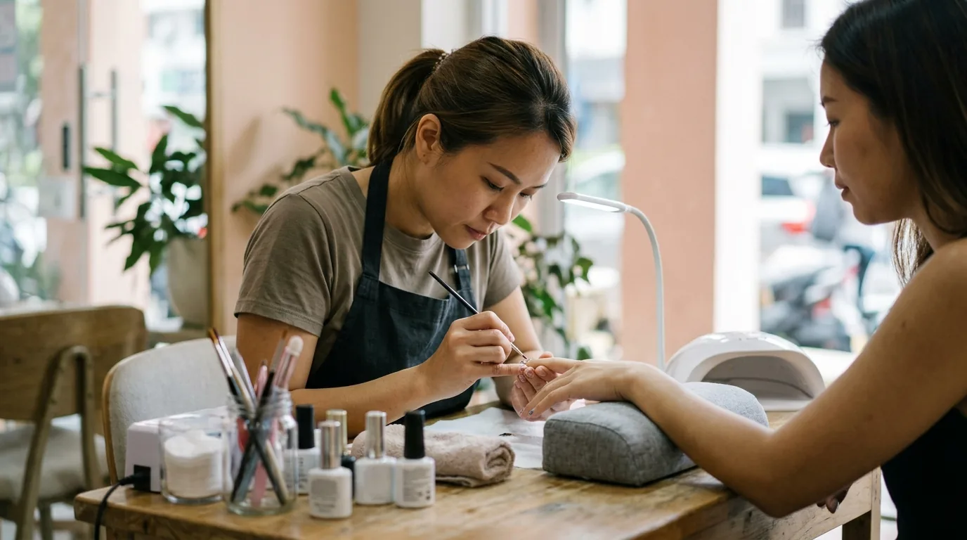 Nail technician painting intricate designs on client's nails at salon workstation