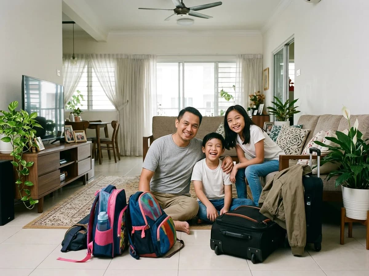 Family with luggage preparing for a school holiday trip.