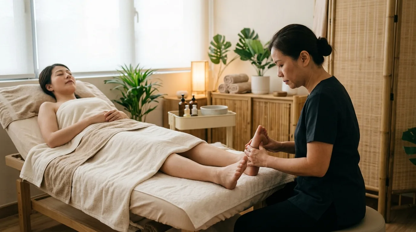 Therapist performing foot reflexology massage on a client's foot in a wellness spa.