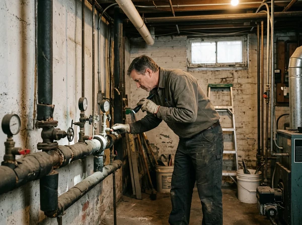Maintenance worker inspecting heating equipment in a building basement.