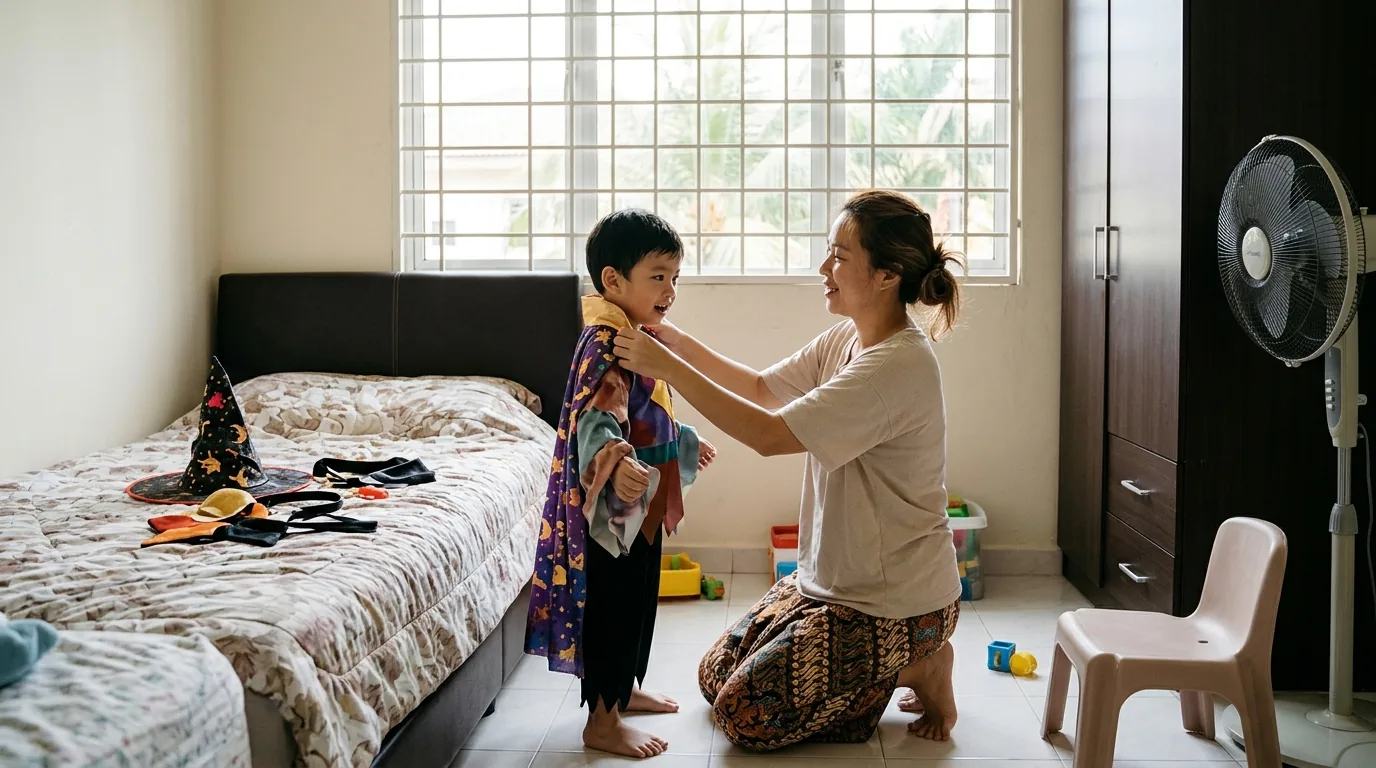 Parent adjusting child's Halloween costume indoors for comfort and fit.