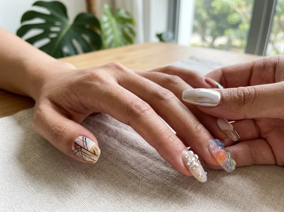 Array of finished nails showing different nail art designs and styles