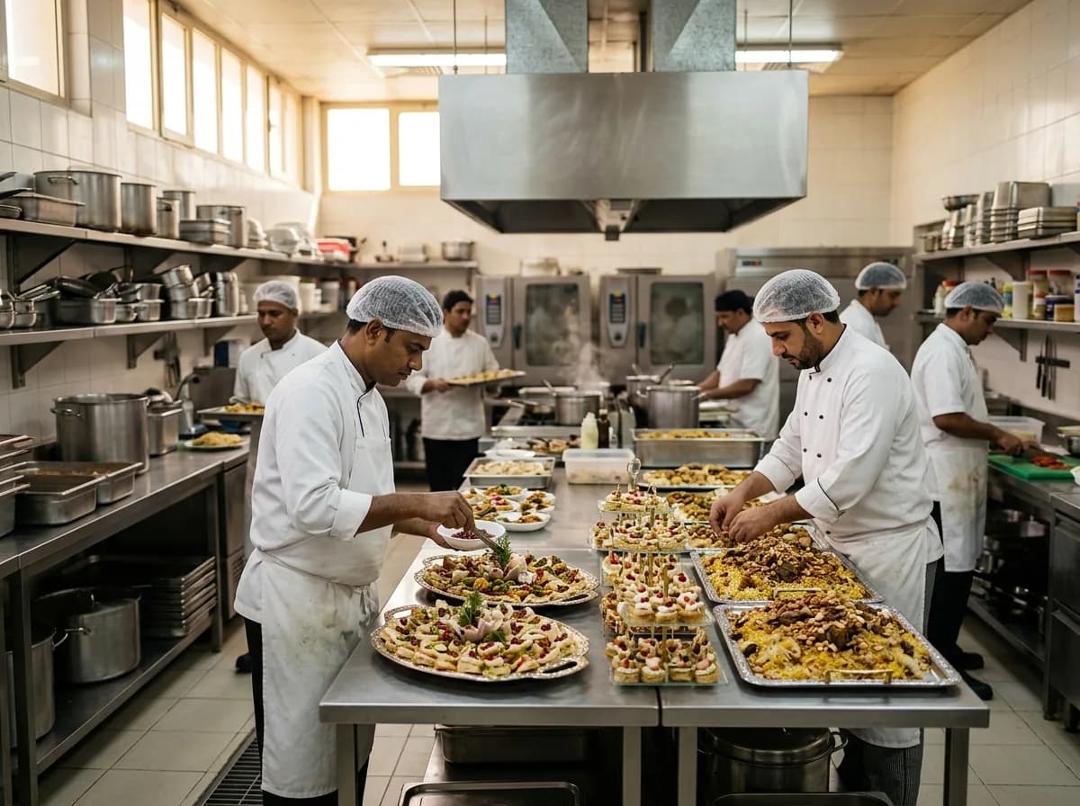 Professional catering kitchen with staff preparing appetizers and dishes for an event