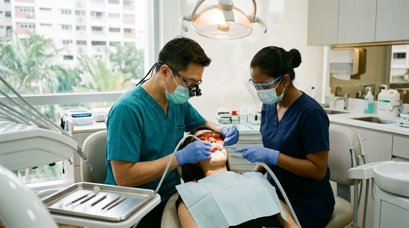 Dentist performing teeth scaling and polishing on patient in dental clinic chair.