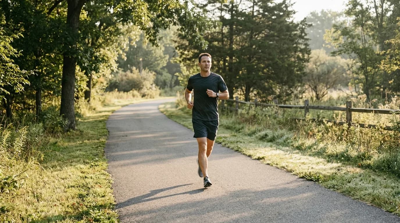 A solo runner jogging on a flat outdoor trail lined with trees.