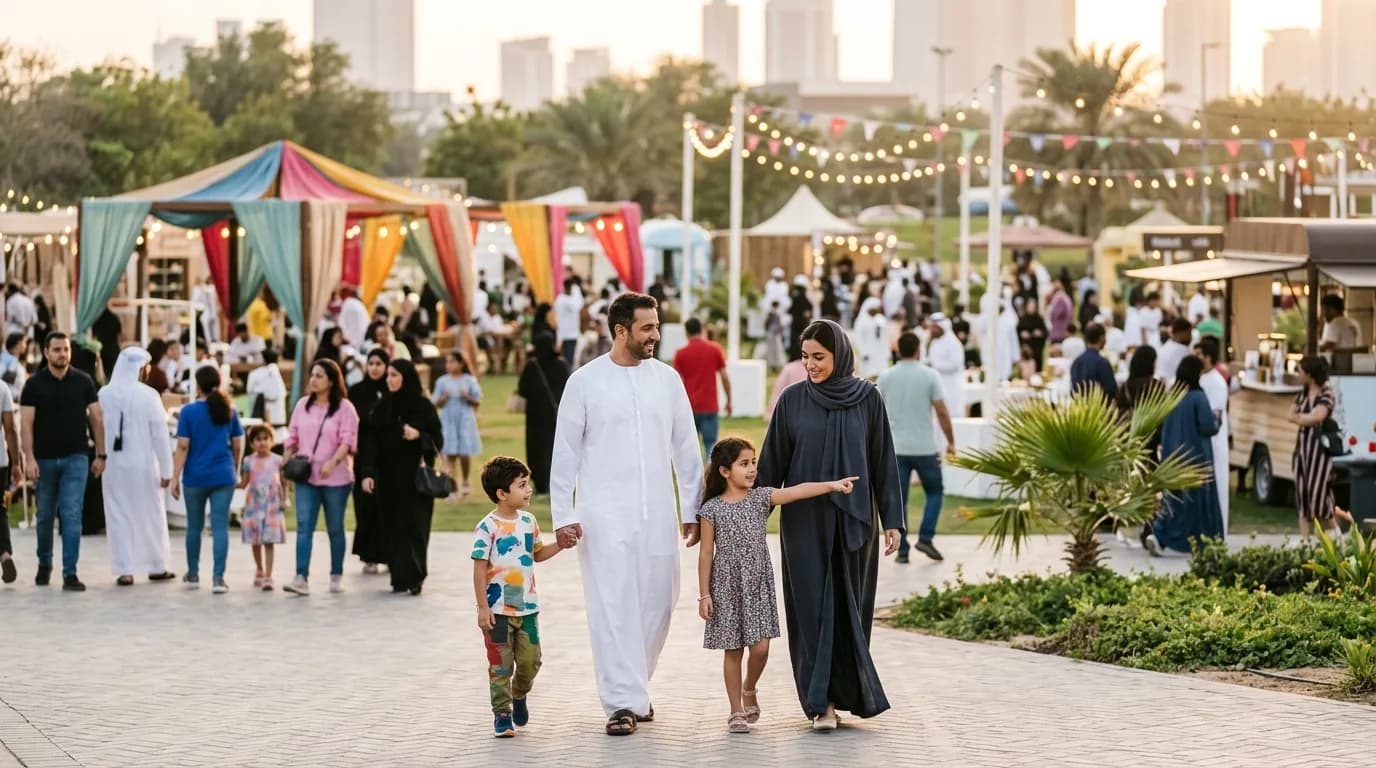 Family with children strolling through a festive outdoor venue with traditional architecture and evening lights.