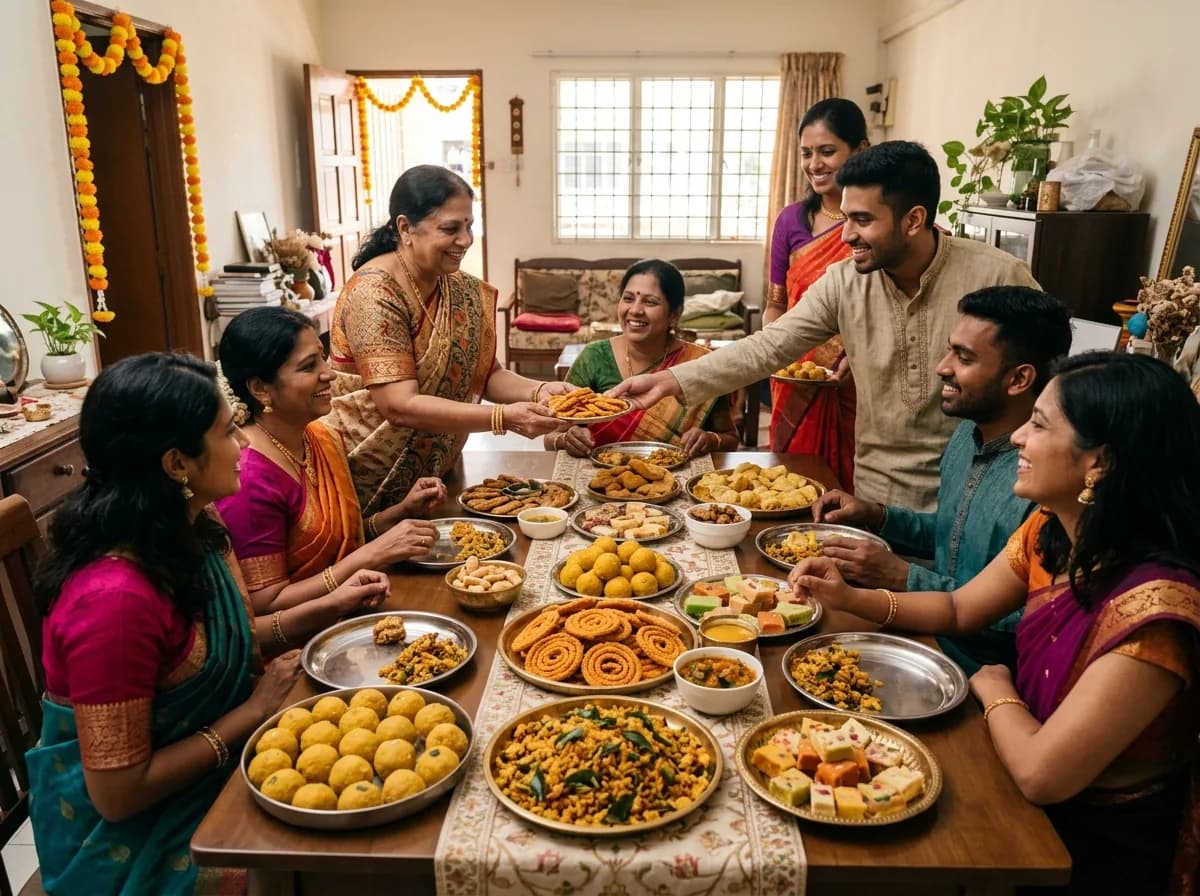 Traditional Deepavali sweets and snacks arranged on a table with family members serving.
