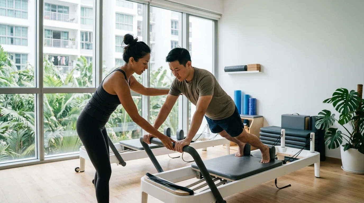 Instructor assisting client on pilates reformer in a bright studio