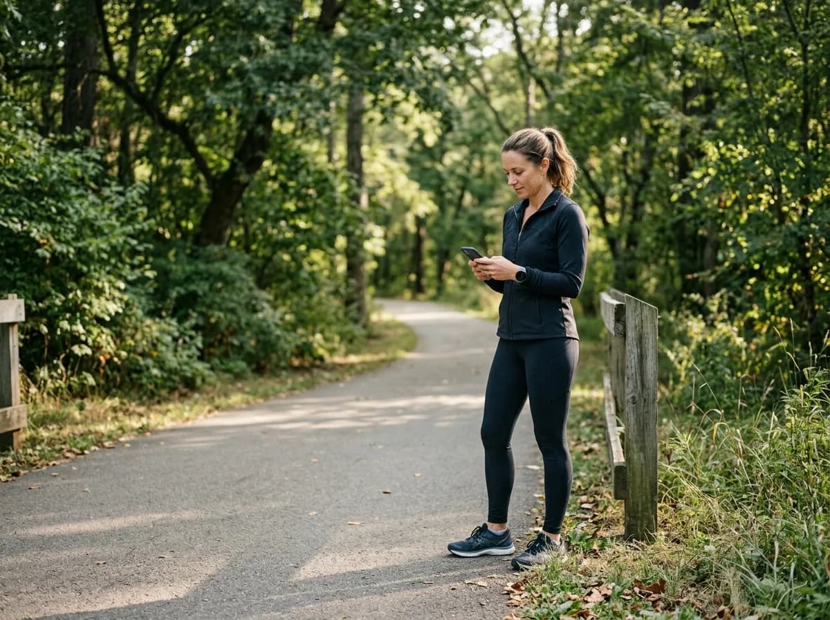 A runner checking a fitness app on their phone during a training session.