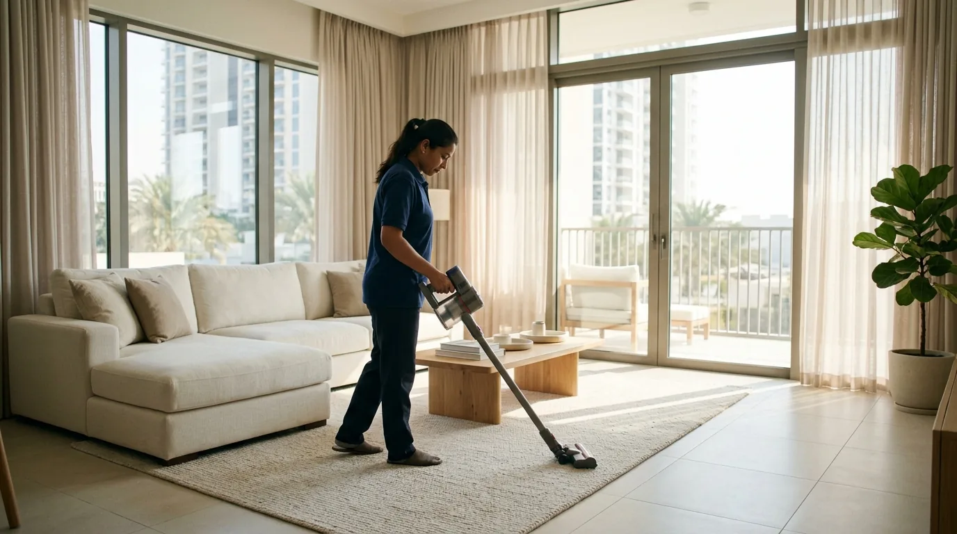 A woman vacuuming a bright, modern living room with contemporary furniture and natural light from large windows.