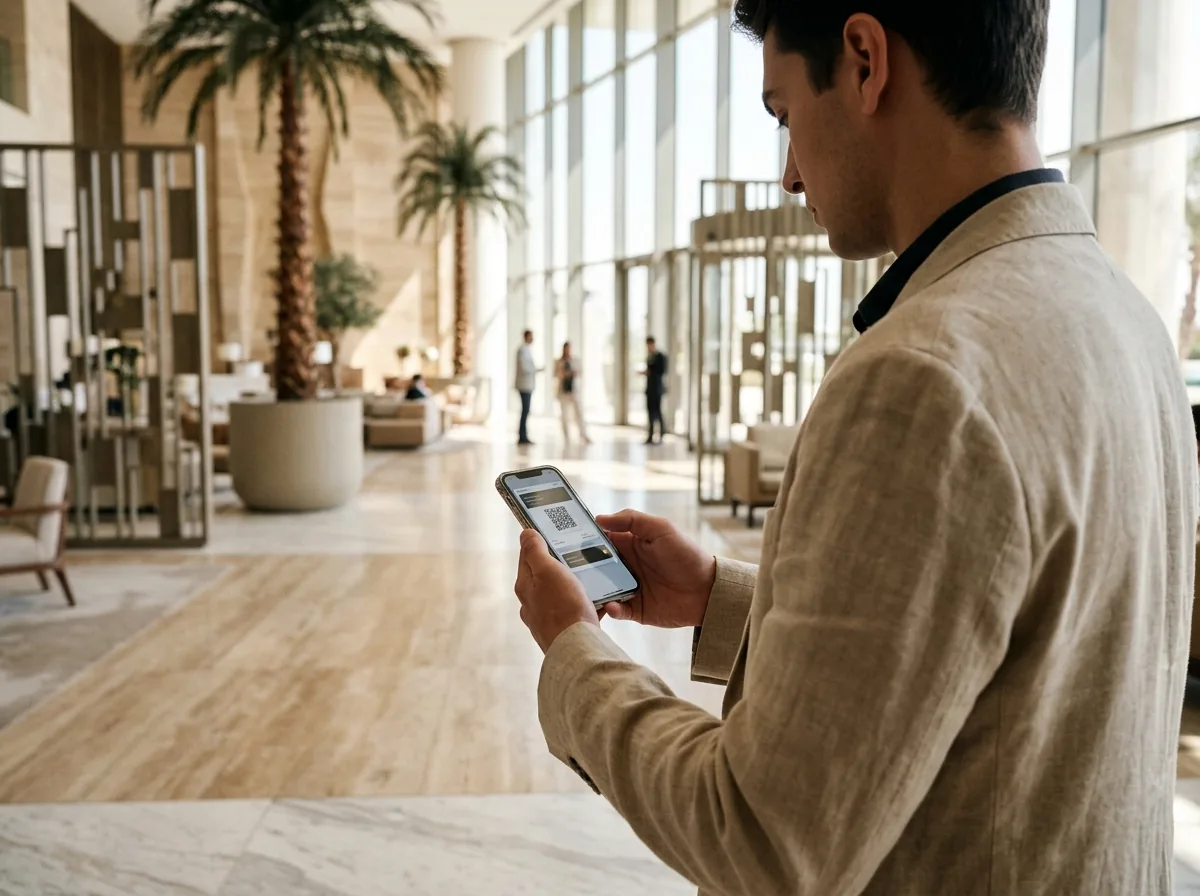 Person viewing digital event ticket on smartphone in modern venue lobby