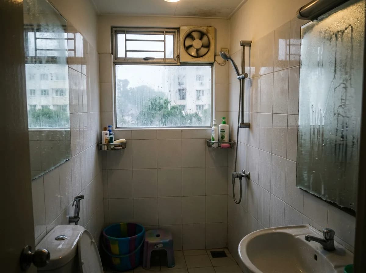 Steamy bathroom with condensation and mould-prone surfaces during rainy weather