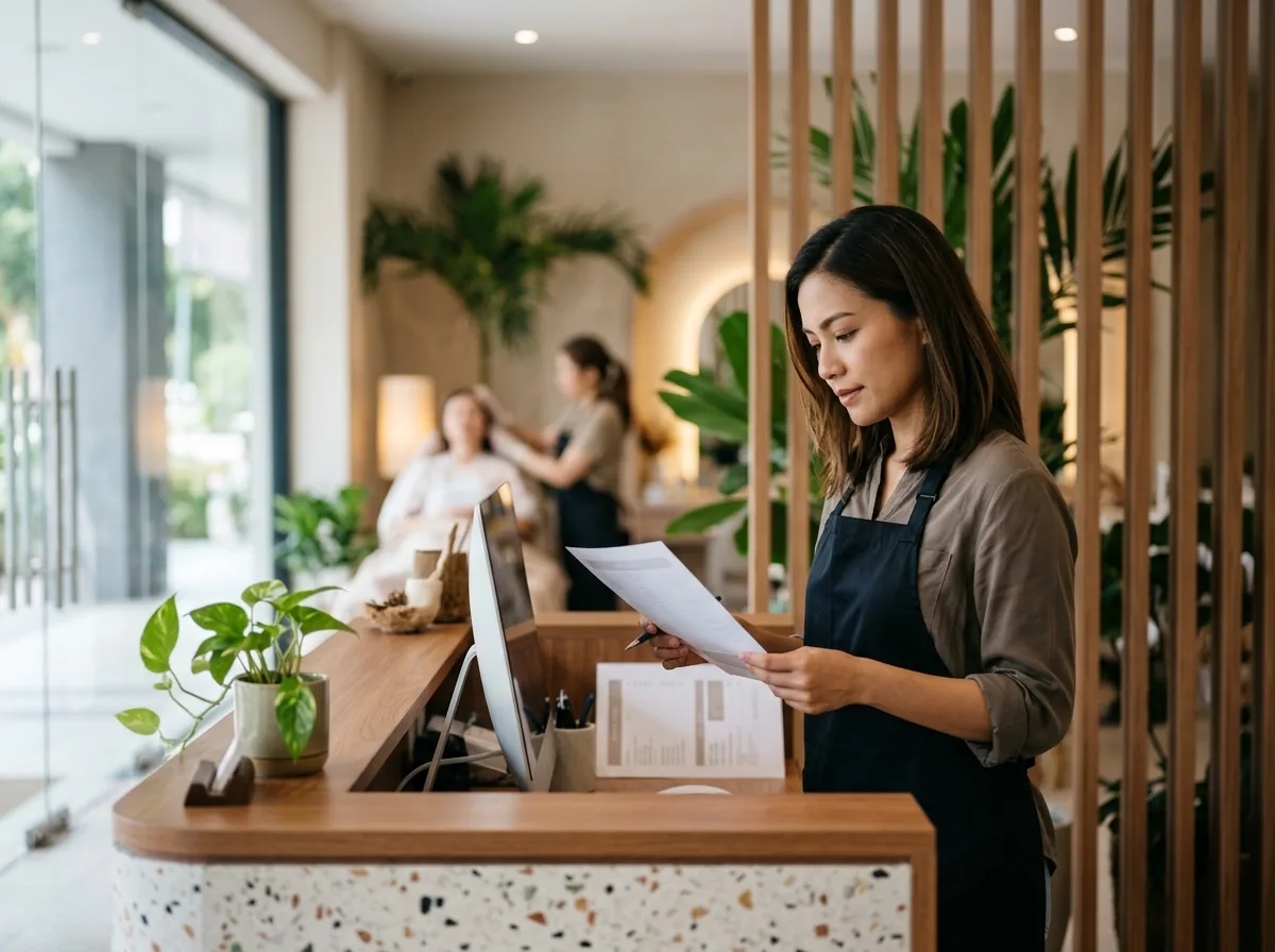 Staff member reviewing facial service menu and pricing at a spa reception desk.