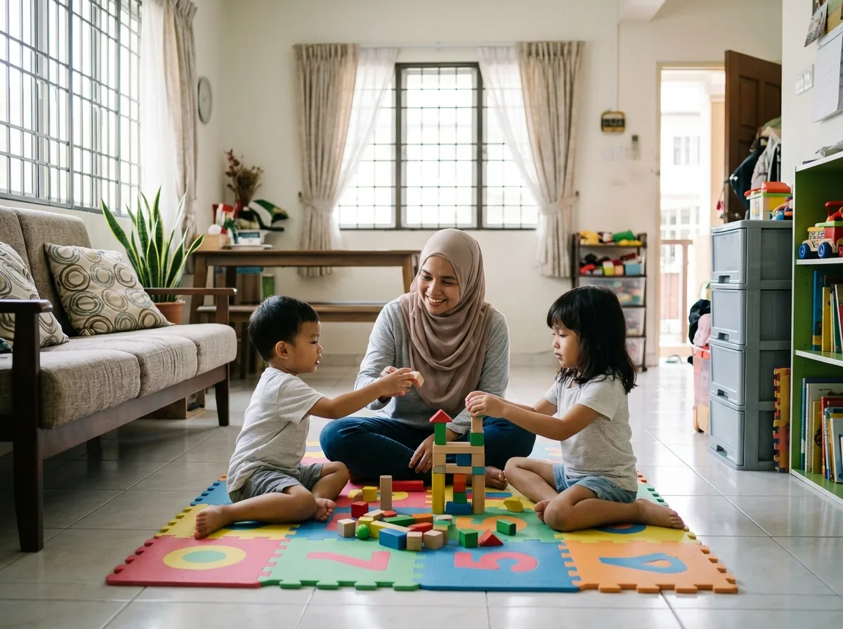 A caregiver engaging children in an indoor activity during childcare.