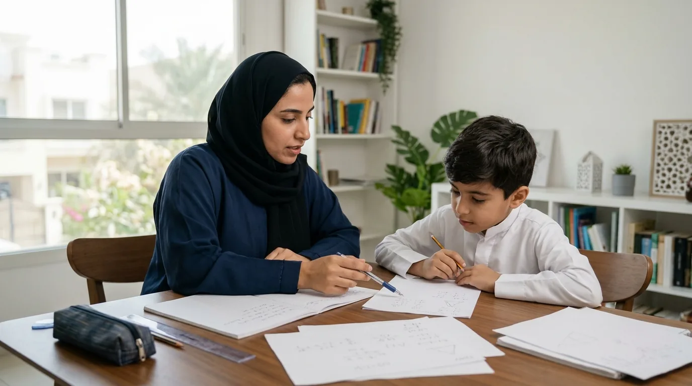 A tutor and student working together at a table during a home tutoring session.