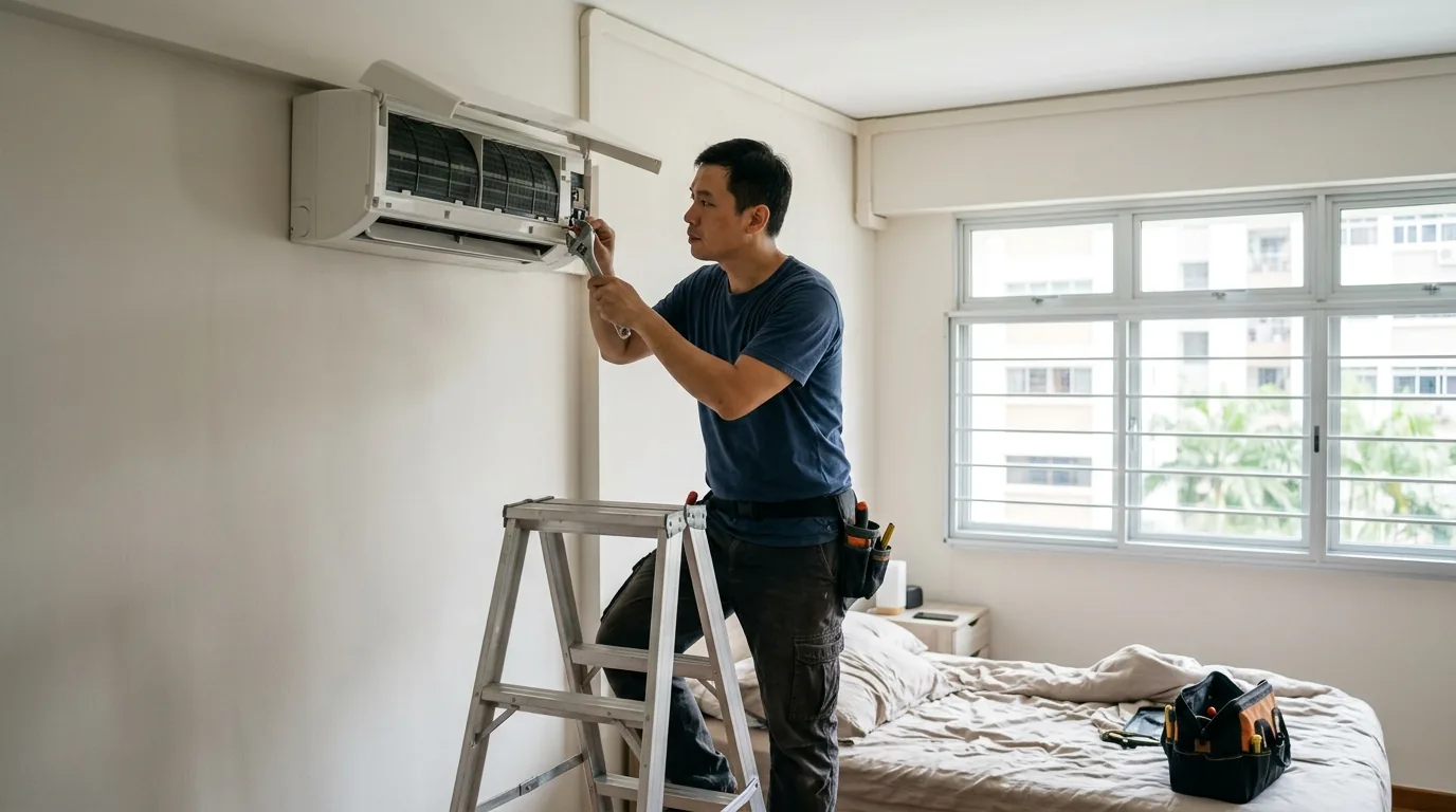 Technician servicing a wall-mounted aircon unit in a home.