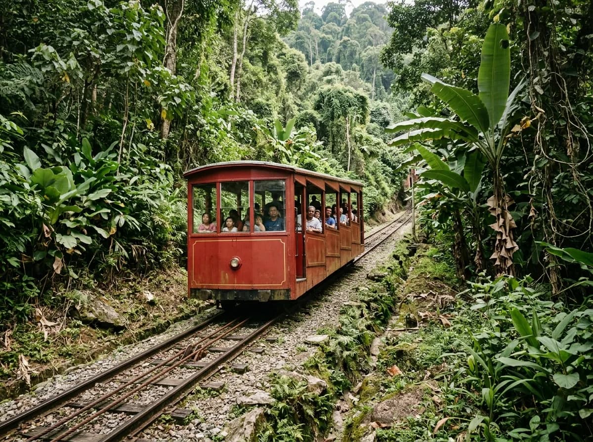 Red funicular railway car climbing Penang Hill with passengers visible inside.