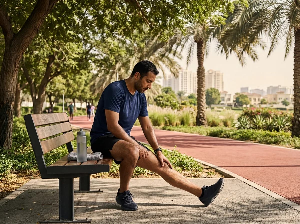 Runner stretching and recovering on a shaded bench after training.