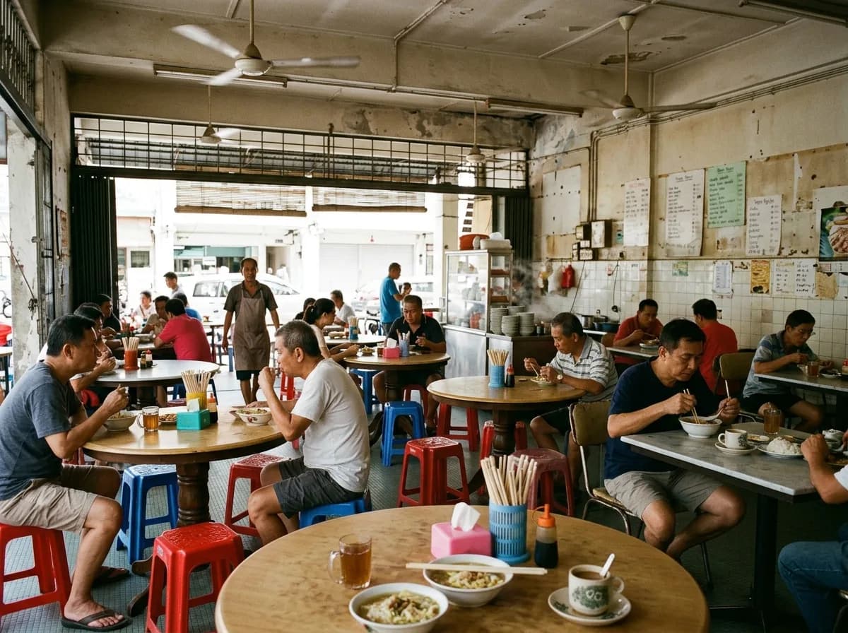 Interior of a basic Malaysian food establishment with diners at simple tables and a menu board.