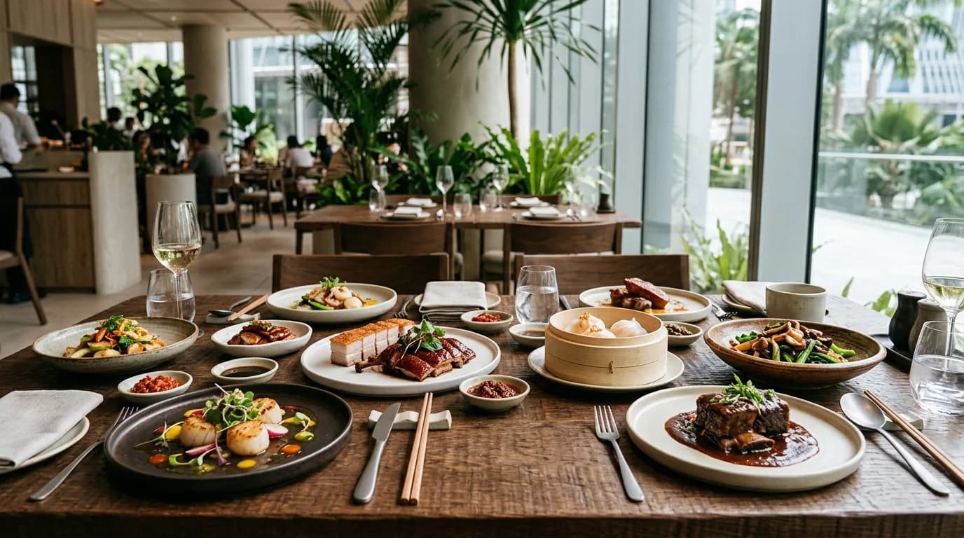 Plated dishes from different restaurants displayed on tables in modern dining settings