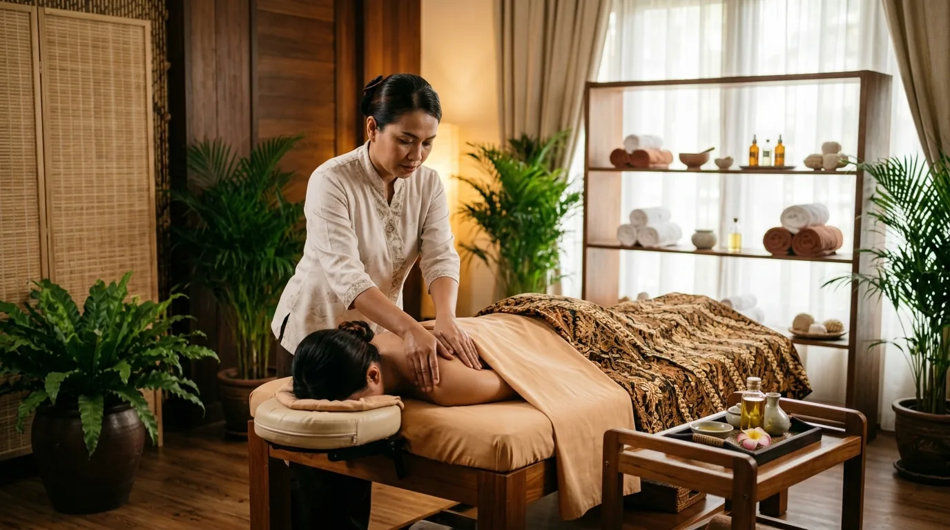 Massage therapist providing therapeutic massage to a client in a serene spa environment