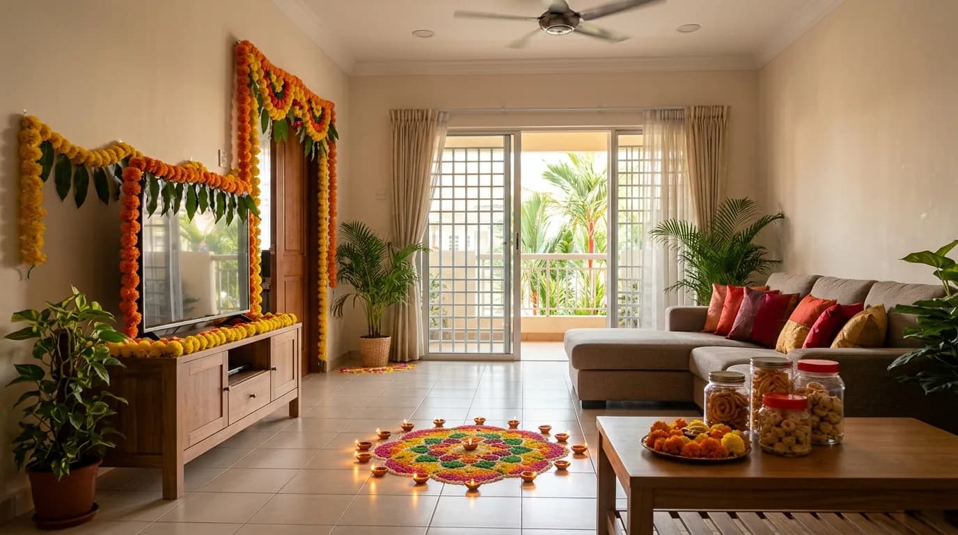 Festive home interior with traditional Deepavali decorations including rangoli, lamps, and flowers.