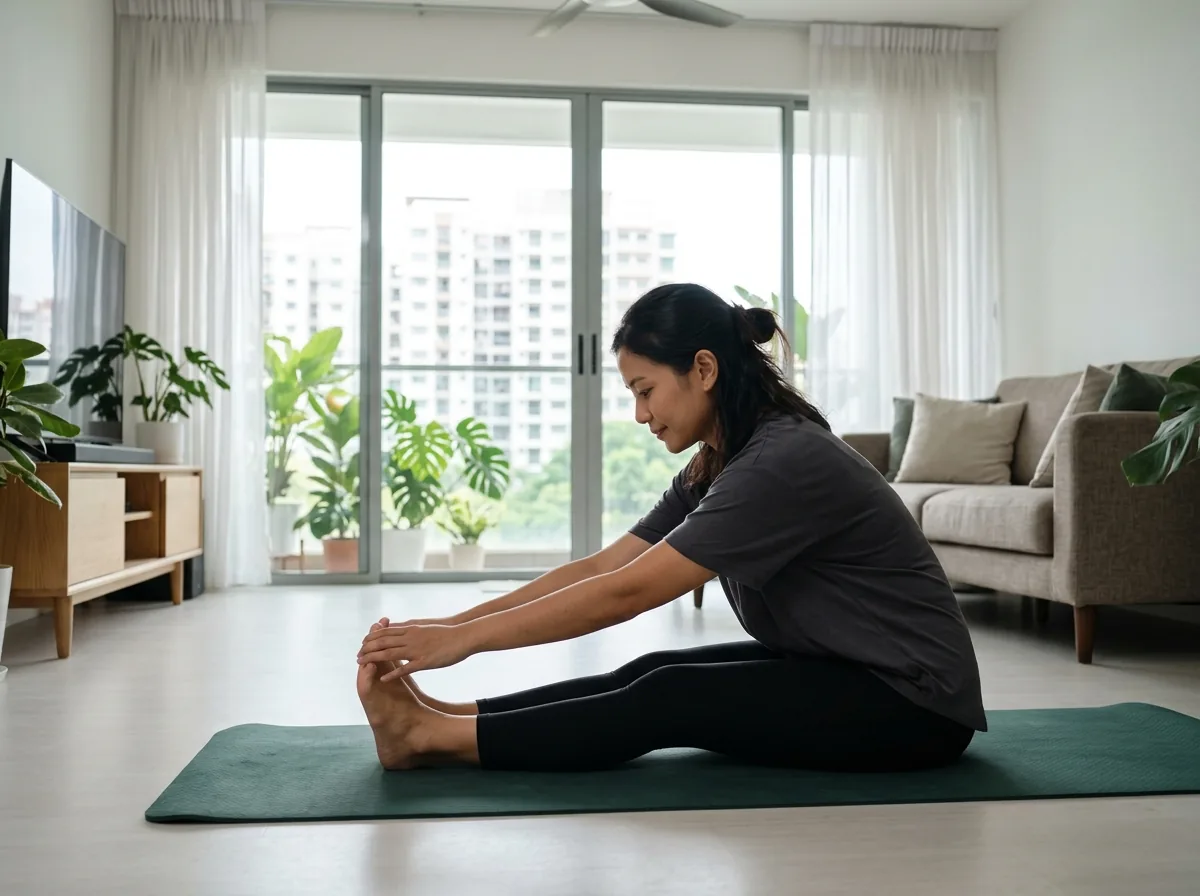 Person stretching in a relaxed pose on a mat during cool-down phase.