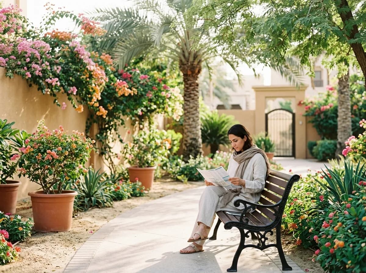 Person reviewing plan while sitting in a blooming garden