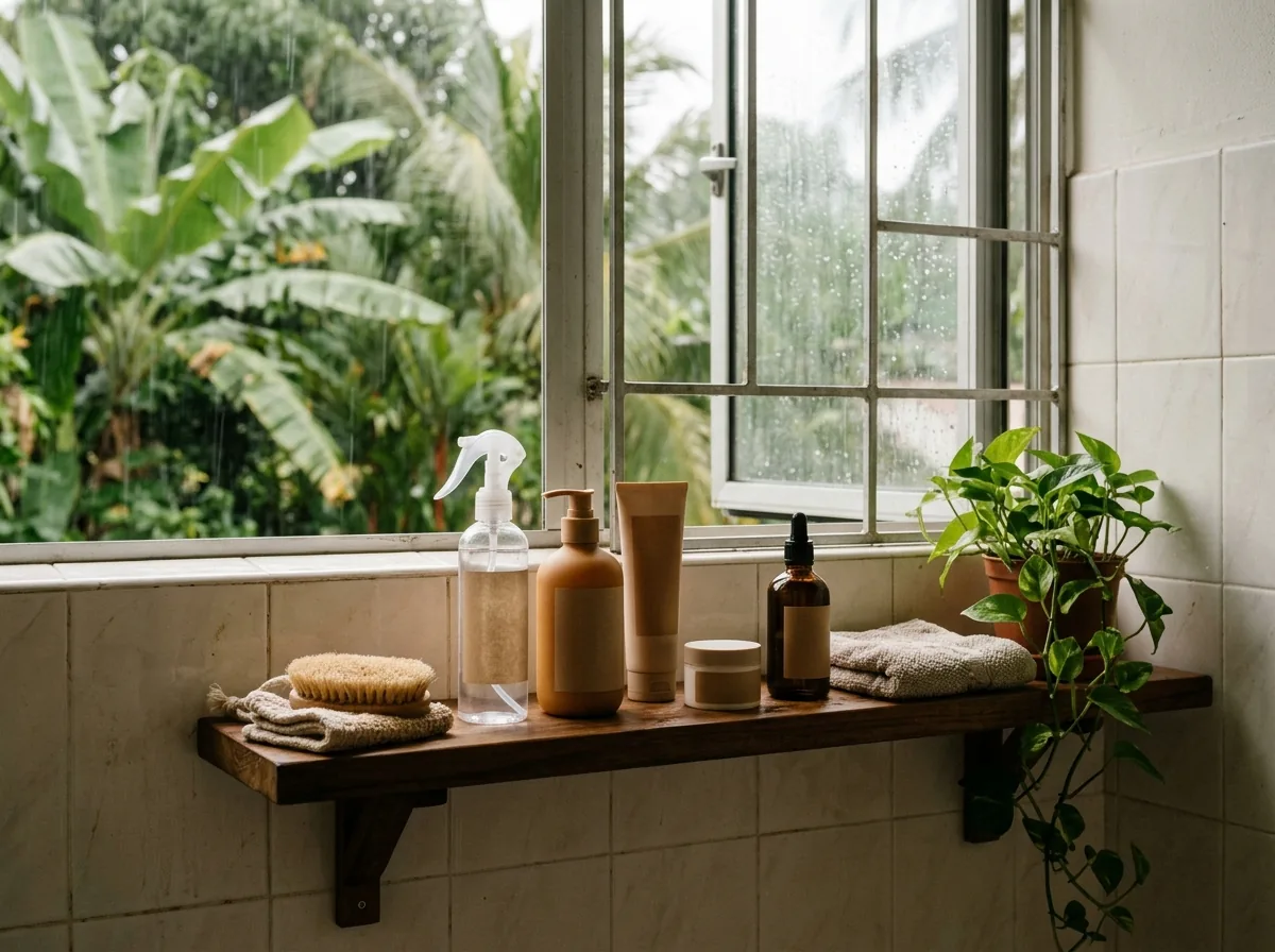 Hair care products on bathroom shelf during monsoon season