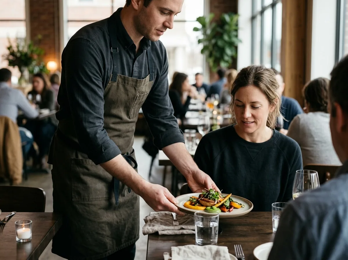 Server presenting a dish to a guest during restaurant service.