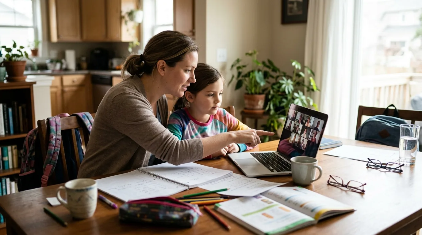 Parent and child at a home table with laptop and school materials for remote learning.