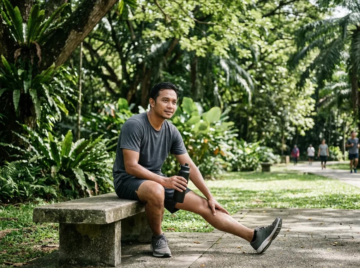 Runner stretching and drinking water outdoors after a run.