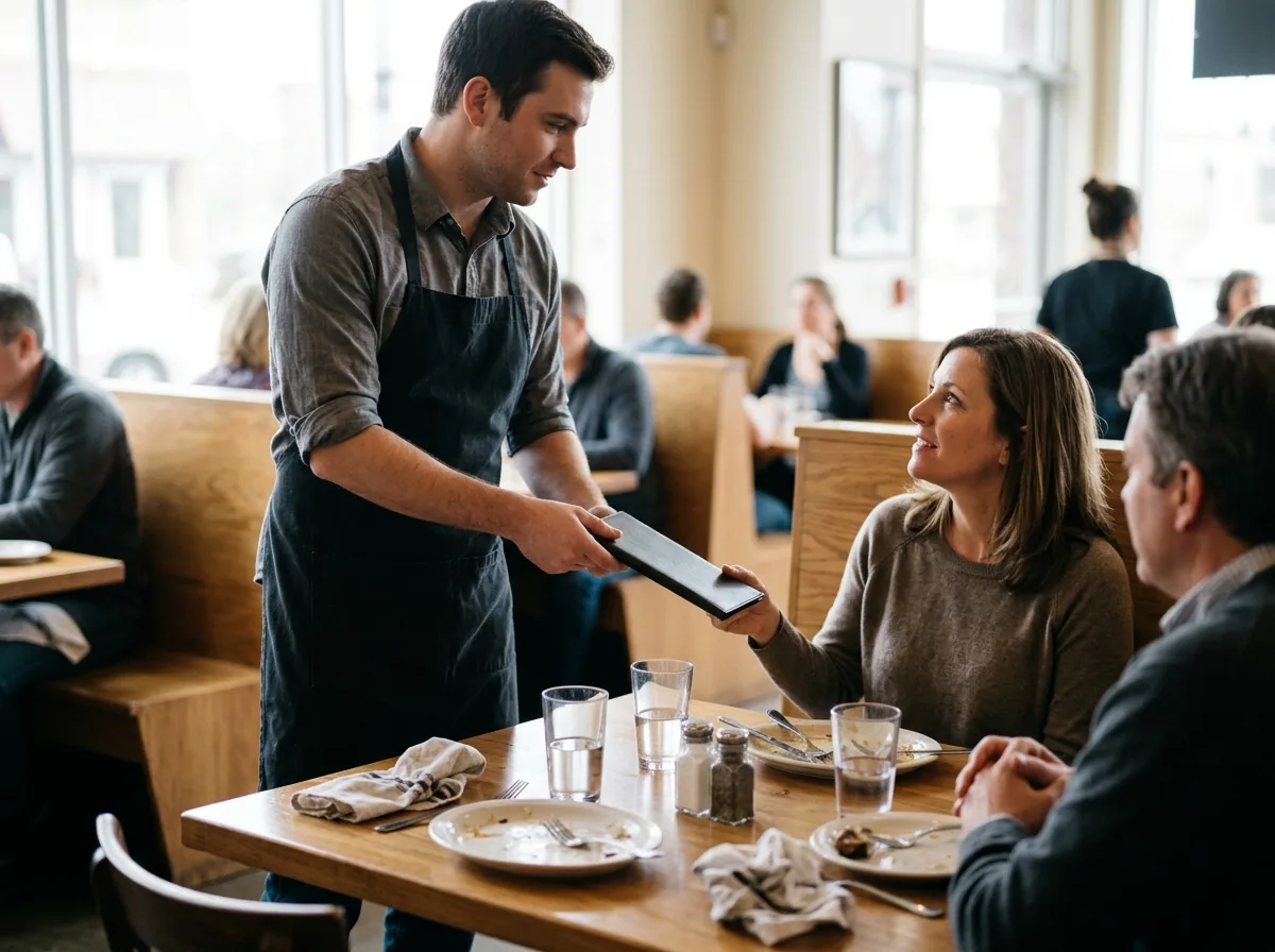 Server presenting check folder to diner at restaurant table