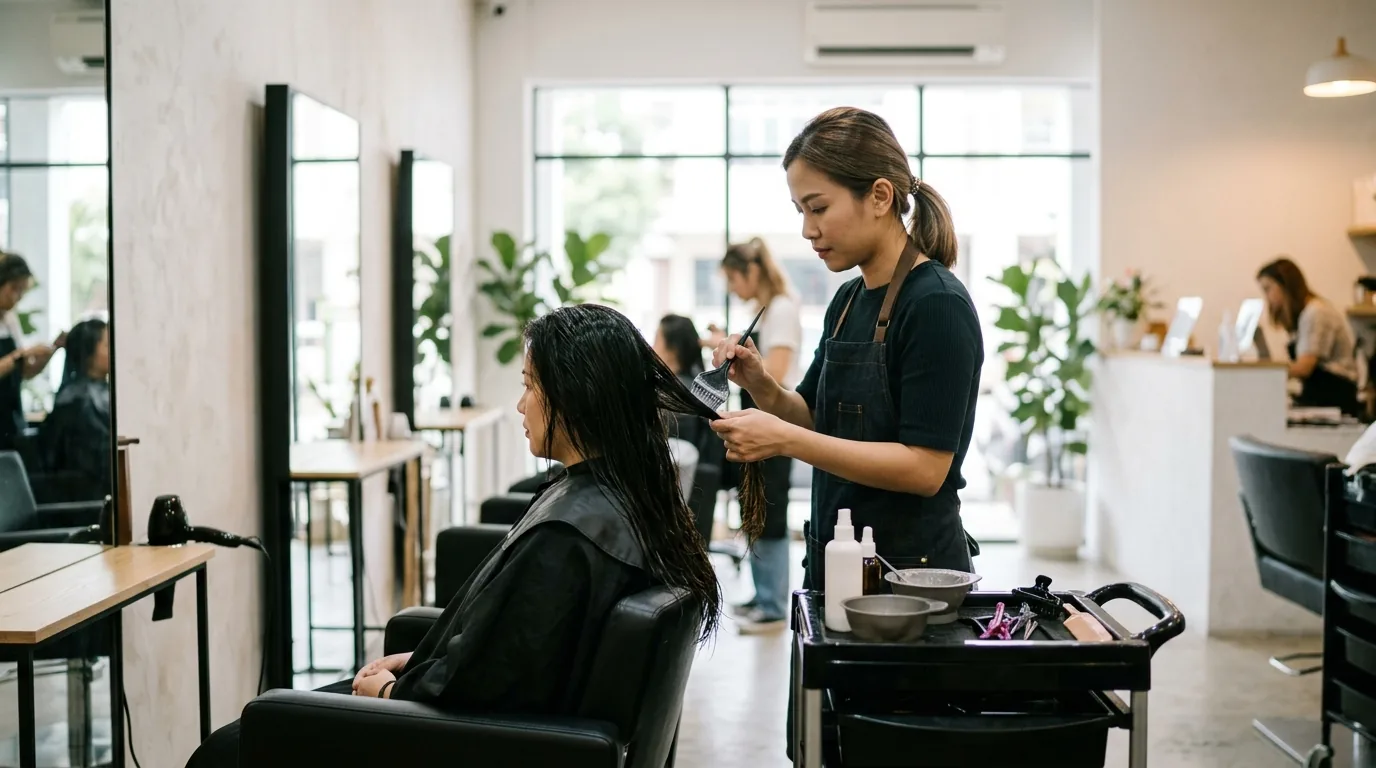 Hairstylist applying hair treatment to client's hair in a salon.
