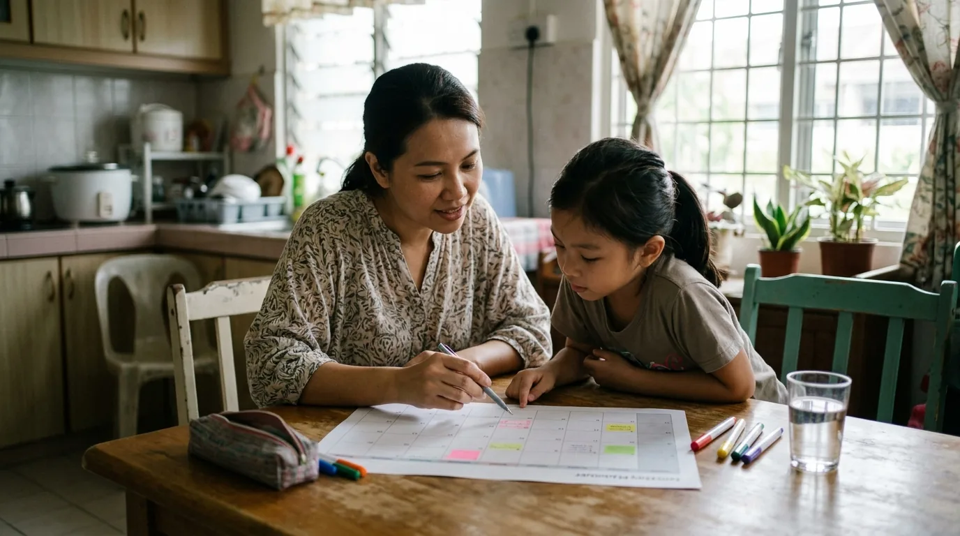 Parent and child reviewing a school calendar together at home.