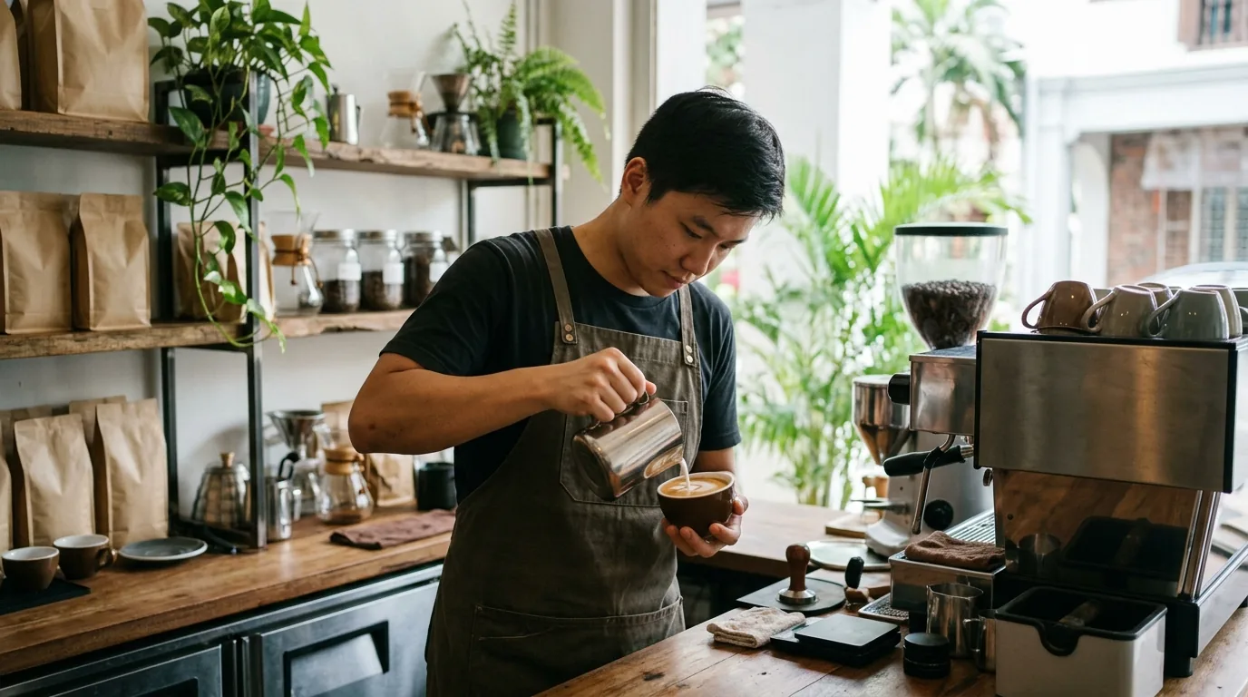 Barista making latte art with milk foam in a cup at a café counter.