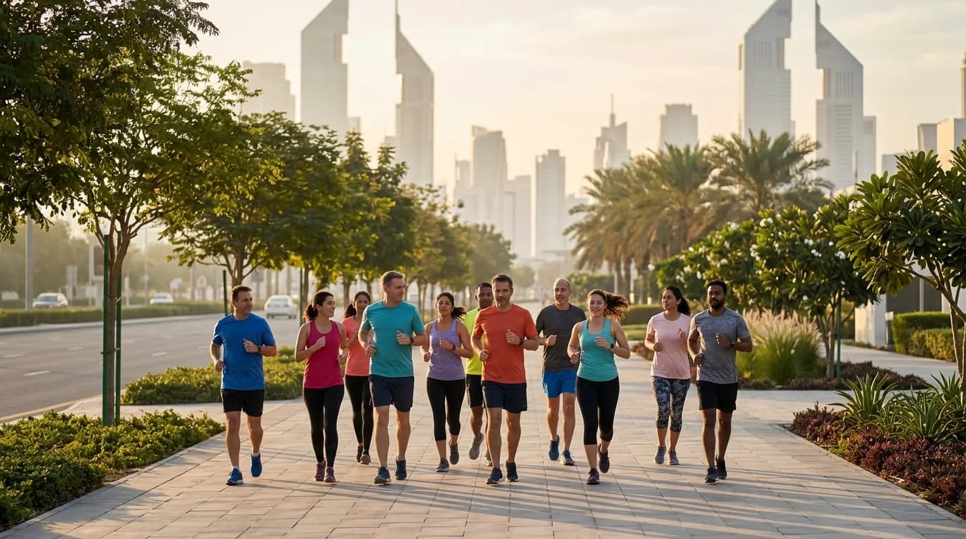 Group of runners exercising outdoors on a Dubai street at dawn.