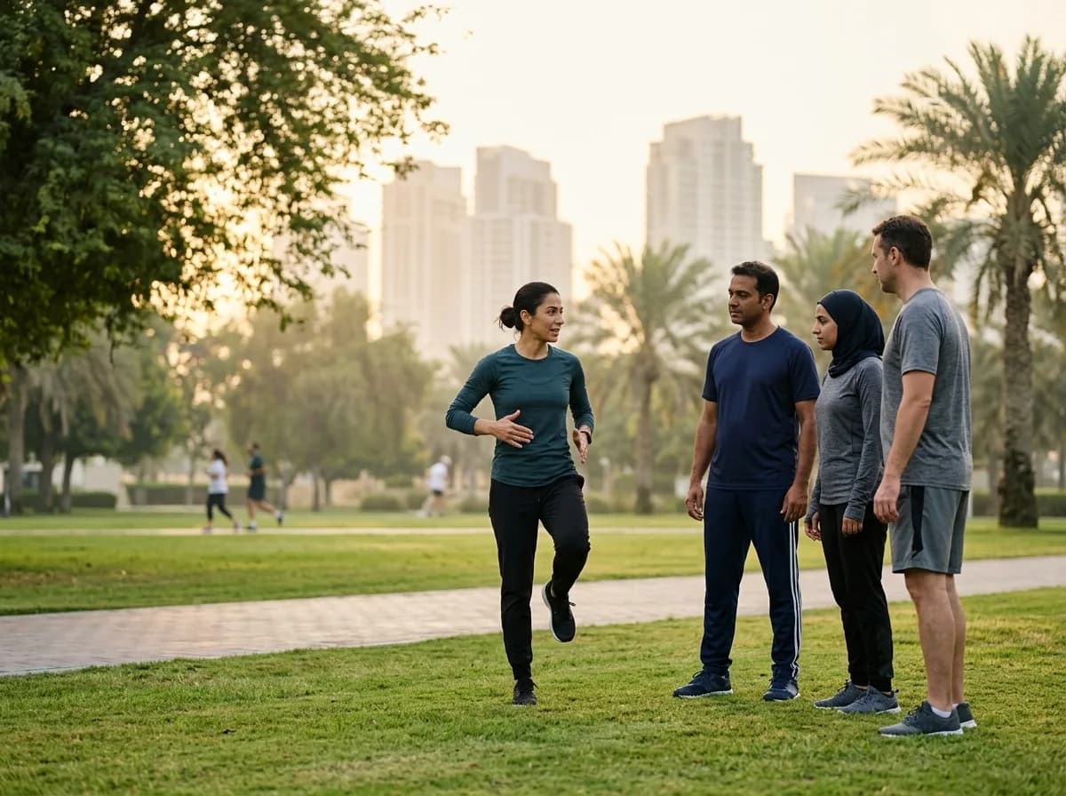 Trainer showing running technique to small group in early morning park setting.