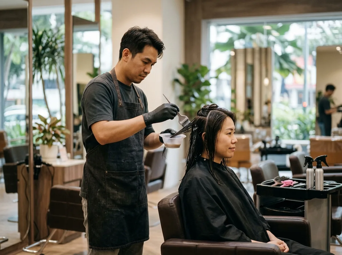 Stylist applying keratin product to client's damp hair with applicator brush.