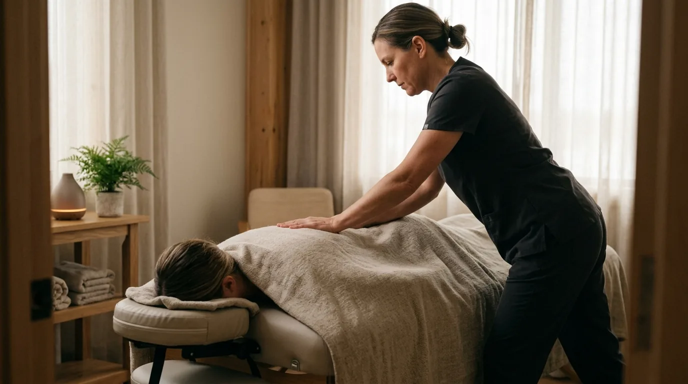 Massage therapist using firm hand pressure on client's back muscles during deep tissue massage.