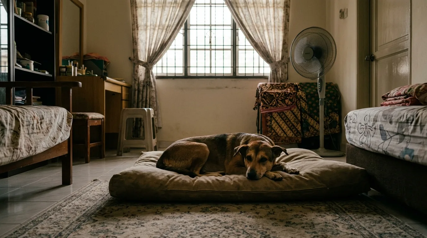 A dog lying peacefully on bedding in a quiet, darkened room indoors.