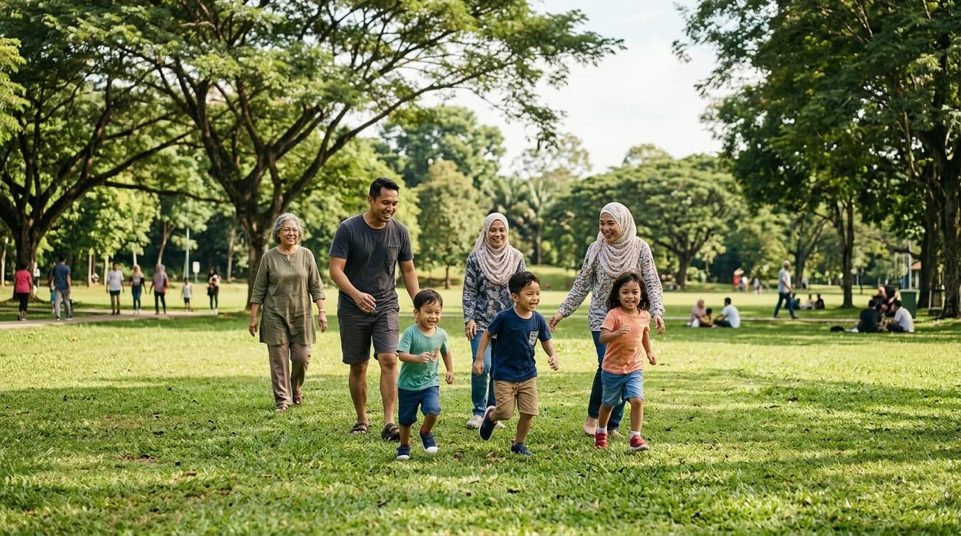 Family enjoying outdoor activities in a sunny green park with trees.