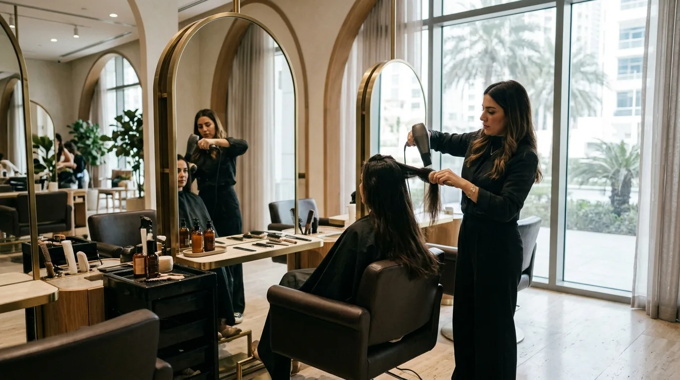 Hair stylist using a blow dryer and brush on a client's wet hair in a salon.