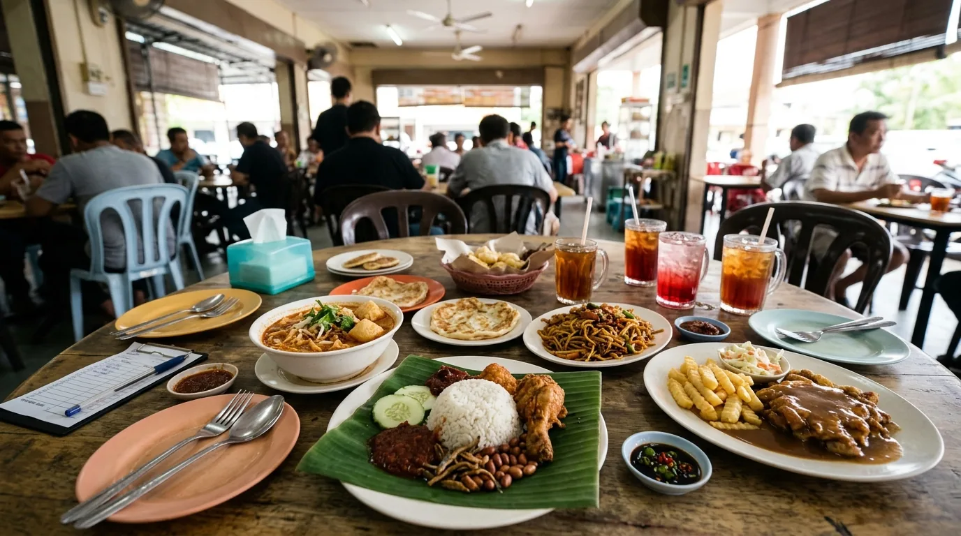 Array of colorful dishes on dining table in a Malaysian restaurant setting.