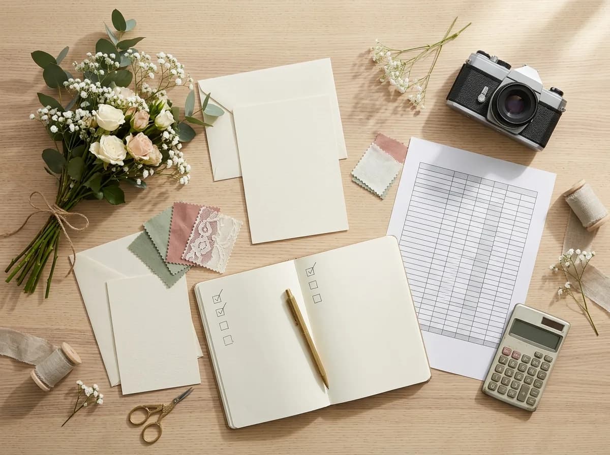Wedding expense items arranged together: invitations, swatches, flowers, and price list.