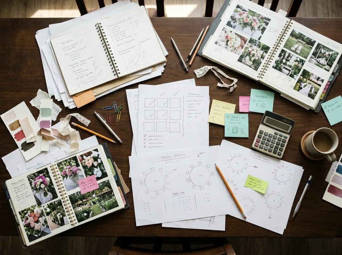 Wedding planning materials and budget worksheets organized on a table.
