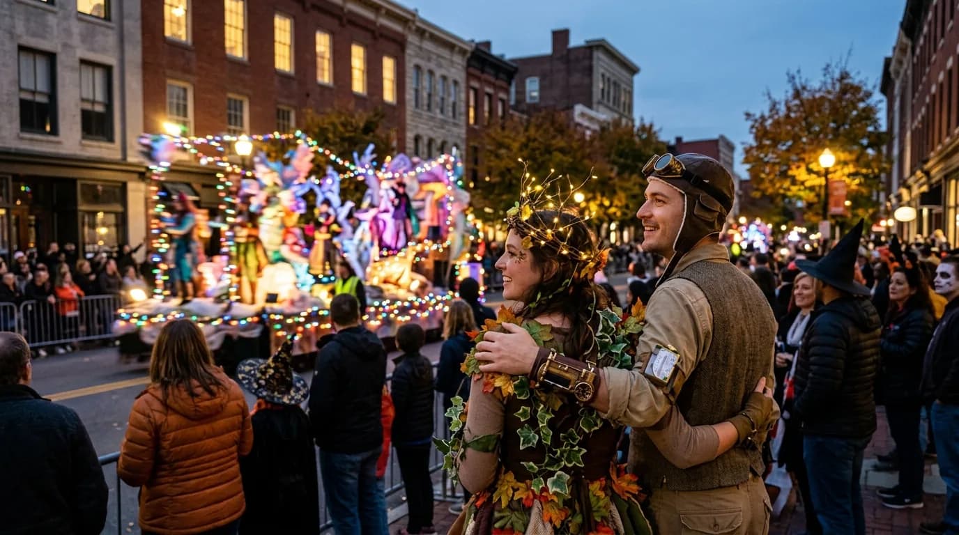 Couple in Halloween costumes watching a parade float with colorful lights on a city street.