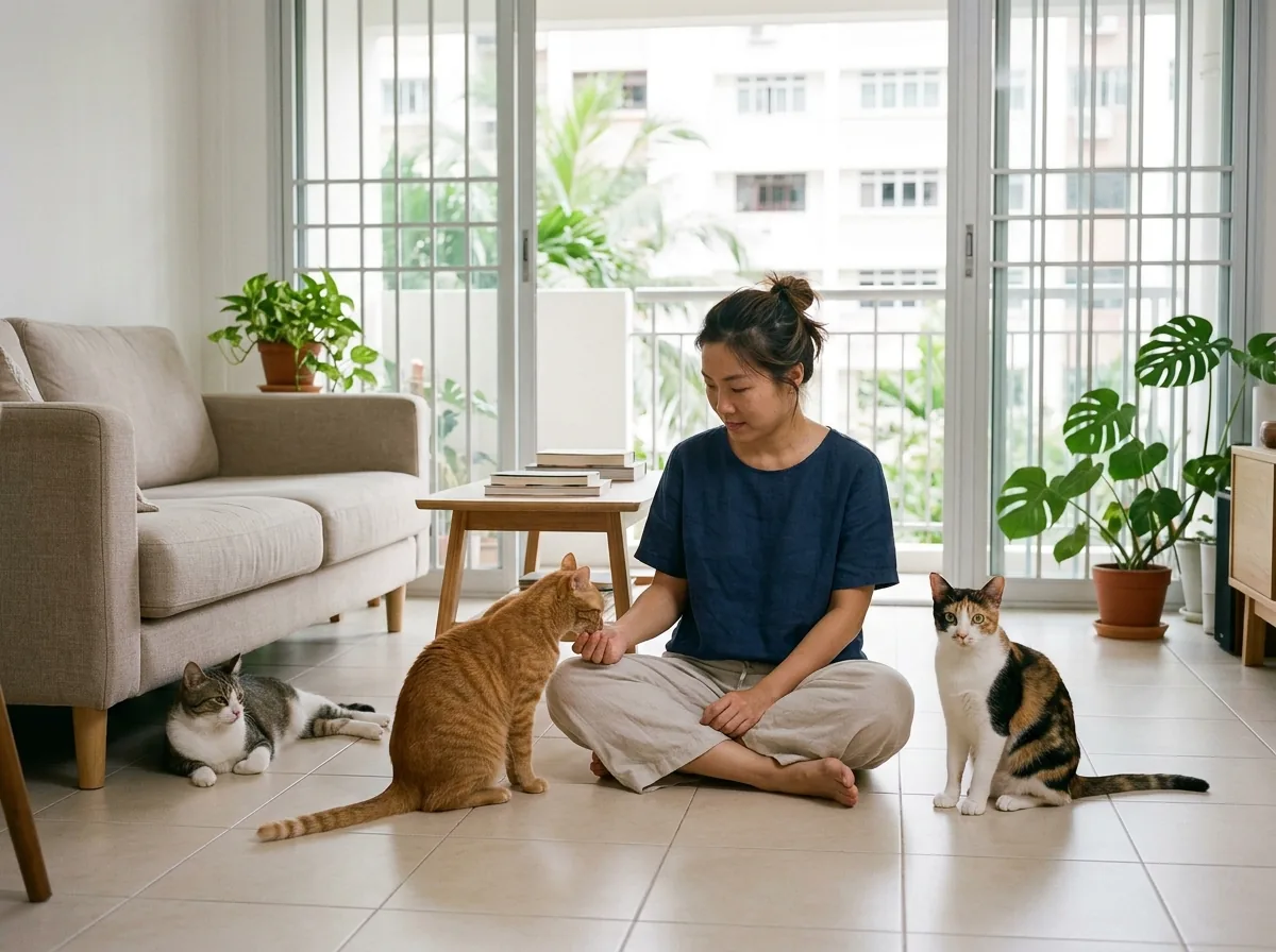 Person sitting on floor with three domestic cats in a home interior.